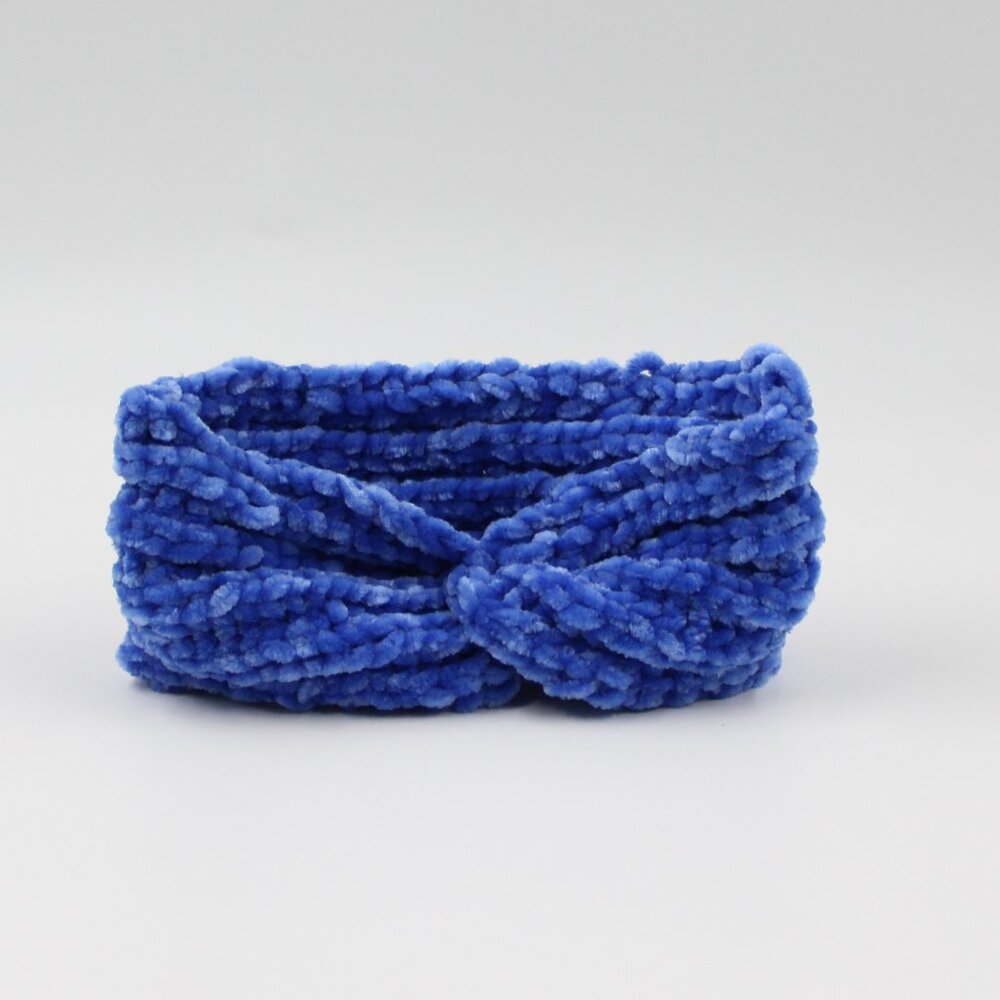Handmade Hand Knit Faux Velvet Blue English Rib Ear Warmer Headband for Babies